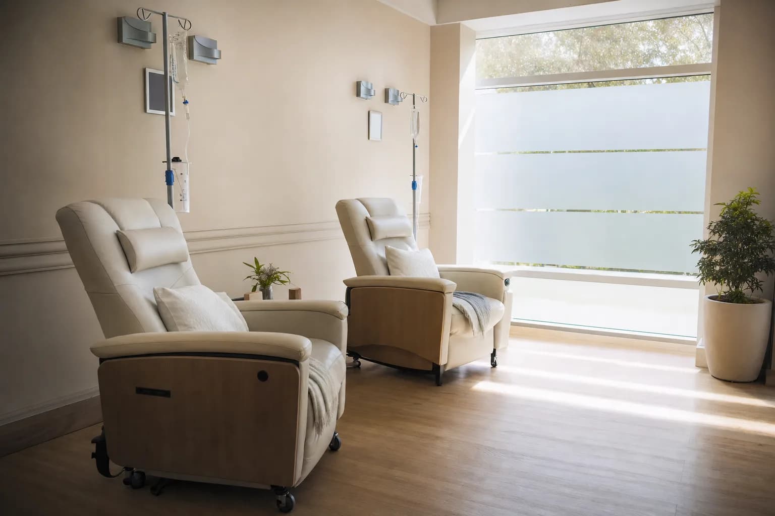 Modern Indian treatment room with two empty cream recliners and IV stands